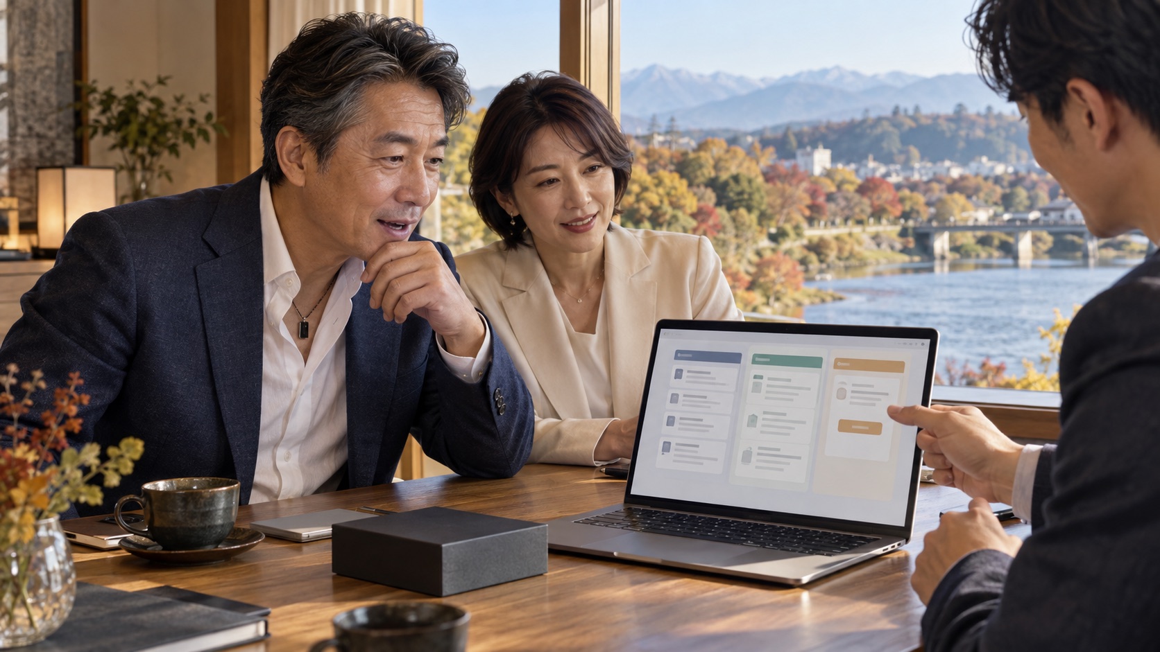 経営者と推進責任者がAI参謀と仕事を確認する体験イメージ